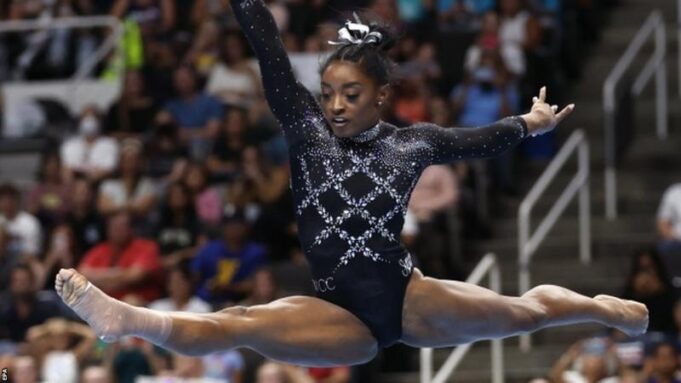Simone Biles wins record eighth US all-around title as comeback continues